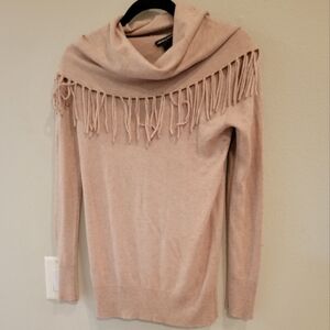 Chelsea & Theodore Wool Blend Beige Sweater Fringe Cowl Neck Size Small